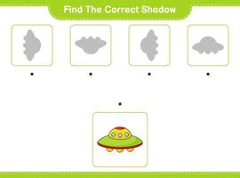 Find the correct shadow. Find and match the correct shadow of Ufo. Educational children game, printable worksheet, vector illustration