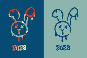 Modern dripping and rainbow bunny faces and numbers 2023 print collection. vector