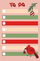 Plantilla de lista de tareas pendientes con pájaro cardenal rojo y adornos navideños. vector