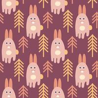 Seamless pattern with big teeth hares and Christmas trees. vector