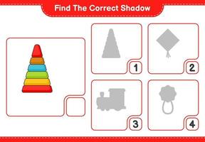 encontrar la sombra correcta. encuentra y combina la sombra correcta del juguete piramidal. juego educativo para niños, hoja de cálculo imprimible, ilustración vectorial vector