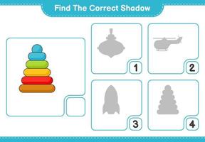 Find the correct shadow. Find and match the correct shadow of Pyramid Toy. Educational children game, printable worksheet, vector illustration