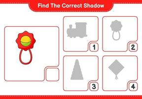 encontrar la sombra correcta. encuentra y combina la sombra correcta del sonajero. juego educativo para niños, hoja de cálculo imprimible, ilustración vectorial vector