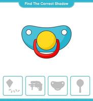 Find the correct shadow. Find and match the correct shadow of Pacifier. Educational children game, printable worksheet, vector illustration