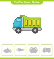 Find the correct shadow. Find and match the correct shadow of Lorry. Educational children game, printable worksheet, vector illustration