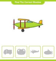 Find the correct shadow. Find and match the correct shadow of Plane. Educational children game, printable worksheet, vector illustration