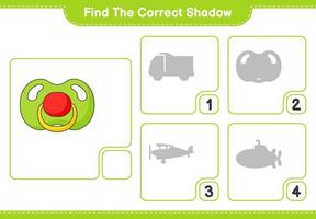 Find the correct shadow. Find and match the correct shadow of Pacifier. Educational children game, printable worksheet, vector illustration