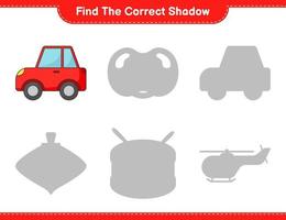 encontrar la sombra correcta. encontrar y hacer coincidir la sombra correcta del coche. juego educativo para niños, hoja de cálculo imprimible, ilustración vectorial vector