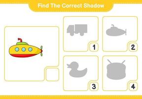encontrar la sombra correcta. encuentra y combina la sombra correcta del submarino. juego educativo para niños, hoja de cálculo imprimible, ilustración vectorial vector