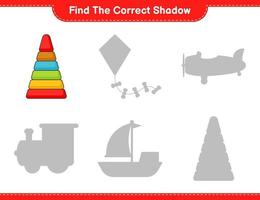 Find the correct shadow. Find and match the correct shadow of Pyramid Toy. Educational children game, printable worksheet, vector illustration