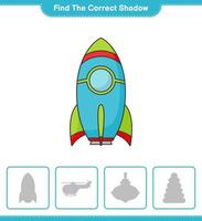 Find the correct shadow. Find and match the correct shadow of Rocket. Educational children game, printable worksheet, vector illustration