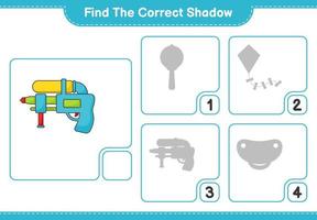Find the correct shadow. Find and match the correct shadow of Water Gun. Educational children game, printable worksheet, vector illustration