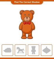 encontrar la sombra correcta. encuentra y combina la sombra correcta del oso de peluche. juego educativo para niños, hoja de cálculo imprimible, ilustración vectorial vector