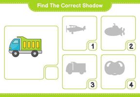 encontrar la sombra correcta. encontrar y hacer coincidir la sombra correcta del camión. juego educativo para niños, hoja de cálculo imprimible, ilustración vectorial vector