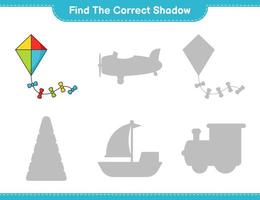 encontrar la sombra correcta. encuentra y combina la sombra correcta de la cometa. juego educativo para niños, hoja de cálculo imprimible, ilustración vectorial vector