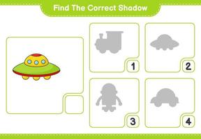 Find the correct shadow. Find and match the correct shadow of Ufo. Educational children game, printable worksheet, vector illustration