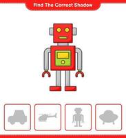 encontrar la sombra correcta. encuentra y combina la sombra correcta del personaje del robot. juego educativo para niños, hoja de cálculo imprimible, ilustración vectorial vector