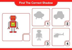 Find the correct shadow. Find and match the correct shadow of Robot Character. Educational children game, printable worksheet, vector illustration