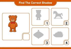 encontrar la sombra correcta. encuentra y combina la sombra correcta del oso de peluche. juego educativo para niños, hoja de cálculo imprimible, ilustración vectorial vector