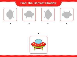 Find the correct shadow. Find and match the correct shadow of Ufo. Educational children game, printable worksheet, vector illustration