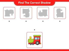 encontrar la sombra correcta. encuentra y combina la sombra correcta del tren. juego educativo para niños, hoja de cálculo imprimible, ilustración vectorial vector