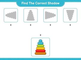 encontrar la sombra correcta. encuentra y combina la sombra correcta del juguete piramidal. juego educativo para niños, hoja de cálculo imprimible, ilustración vectorial vector