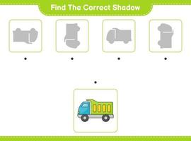 encontrar la sombra correcta. encontrar y hacer coincidir la sombra correcta del camión. juego educativo para niños, hoja de cálculo imprimible, ilustración vectorial vector