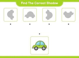 encontrar la sombra correcta. encontrar y hacer coincidir la sombra correcta del coche. juego educativo para niños, hoja de cálculo imprimible, ilustración vectorial vector