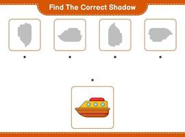 encontrar la sombra correcta. encuentra y combina la sombra correcta del barco. juego educativo para niños, hoja de cálculo imprimible, ilustración vectorial