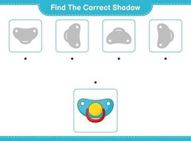 Find the correct shadow. Find and match the correct shadow of Pacifier. Educational children game, printable worksheet, vector illustration