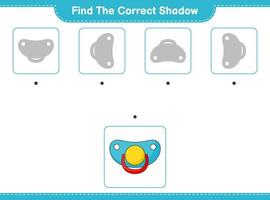 encontrar la sombra correcta. encuentra y combina la sombra correcta del chupete. juego educativo para niños, hoja de cálculo imprimible, ilustración vectorial vector