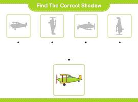 Find the correct shadow. Find and match the correct shadow of Plane. Educational children game, printable worksheet, vector illustration