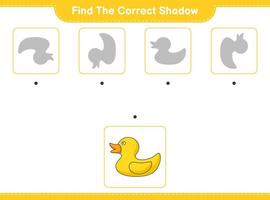 encontrar la sombra correcta. encuentra y combina la sombra correcta del patito de goma. juego educativo para niños, hoja de cálculo imprimible, ilustración vectorial vector