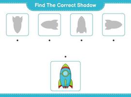 Find the correct shadow. Find and match the correct shadow of Rocket. Educational children game, printable worksheet, vector illustration