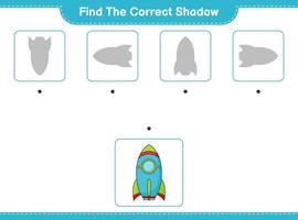 encontrar la sombra correcta. encuentra y combina la sombra correcta del cohete. juego educativo para niños, hoja de cálculo imprimible, ilustración vectorial vector