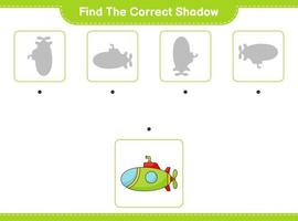 Find the correct shadow. Find and match the correct shadow of Submarine. Educational children game, printable worksheet, vector illustration