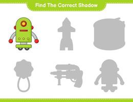 encontrar la sombra correcta. encuentra y combina la sombra correcta del personaje del robot. juego educativo para niños, hoja de cálculo imprimible, ilustración vectorial vector