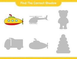 Find the correct shadow. Find and match the correct shadow of Submarine. Educational children game, printable worksheet, vector illustration