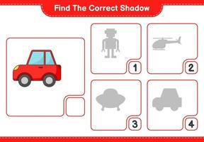 encontrar la sombra correcta. encontrar y hacer coincidir la sombra correcta del coche. juego educativo para niños, hoja de cálculo imprimible, ilustración vectorial vector