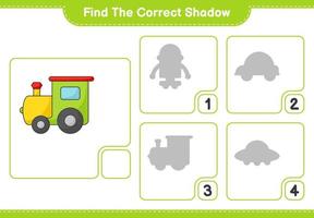 Find the correct shadow. Find and match the correct shadow of Train. Educational children game, printable worksheet, vector illustration