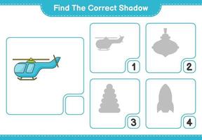 Find the correct shadow. Find and match the correct shadow of Helicopter. Educational children game, printable worksheet, vector illustration