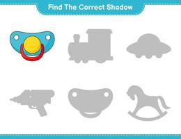 Find the correct shadow. Find and match the correct shadow of Pacifier. Educational children game, printable worksheet, vector illustration