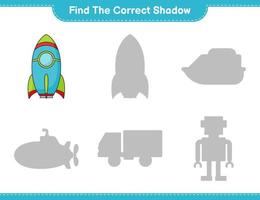 Find the correct shadow. Find and match the correct shadow of Rocket. Educational children game, printable worksheet, vector illustration