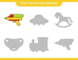 encontrar la sombra correcta. encuentra y combina la sombra correcta de la pistola de agua. juego educativo para niños, hoja de cálculo imprimible, ilustración vectorial vector