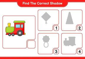 encontrar la sombra correcta. encuentra y combina la sombra correcta del tren. juego educativo para niños, hoja de cálculo imprimible, ilustración vectorial vector