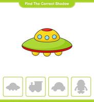 Find the correct shadow. Find and match the correct shadow of Ufo. Educational children game, printable worksheet, vector illustration