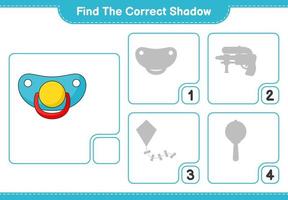 Find the correct shadow. Find and match the correct shadow of Pacifier. Educational children game, printable worksheet, vector illustration