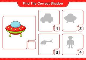 encontrar la sombra correcta. encuentra y combina la sombra correcta del ovni. juego educativo para niños, hoja de cálculo imprimible, ilustración vectorial vector