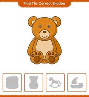 encontrar la sombra correcta. encuentra y combina la sombra correcta del oso de peluche. juego educativo para niños, hoja de cálculo imprimible, ilustración vectorial vector