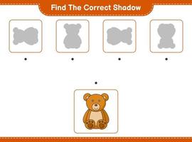 encontrar la sombra correcta. encuentra y combina la sombra correcta del oso de peluche. juego educativo para niños, hoja de cálculo imprimible, ilustración vectorial vector